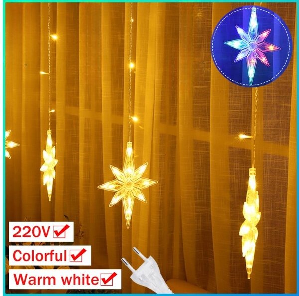 Vnútorný LED vianočný záves - Osemcípe hviezdy , 3m, 138 LED, rôzne farby na výber Farba: Teplá biela