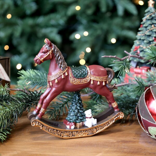 Višňovo-zelený antik hojdací koník Noël - 14*3,5*14 cm - Chic Antique