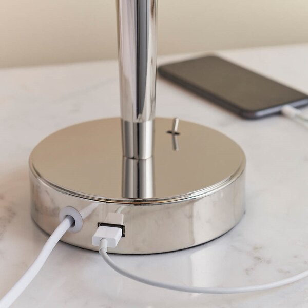 Endon 72175 - Stolná lampa SYON 1xE14/40W/230V s USB, lesklý chróm/béžová