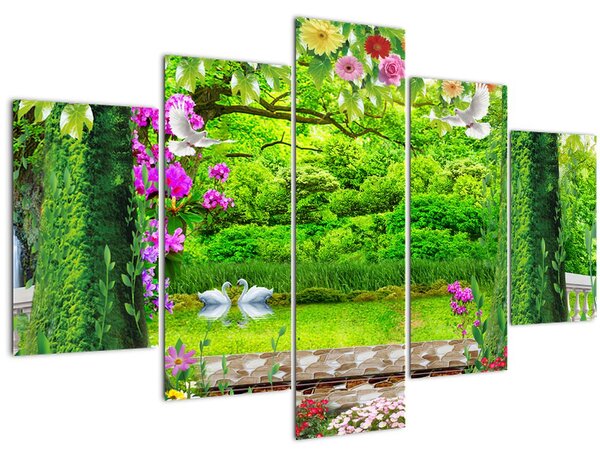 Obraz - Čarovná záhrada s labuťami (150x105 cm)