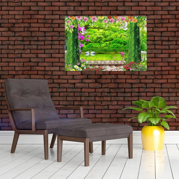 Obraz - Čarovná záhrada s labuťami (90x60 cm)