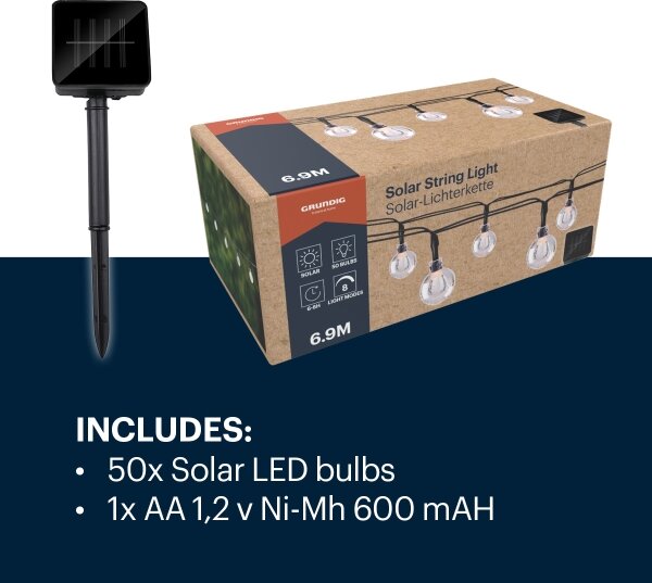 Grundig - LED solárny reťazec 50xLED/8 funkcií 6,9m teplá biela 600 mAh