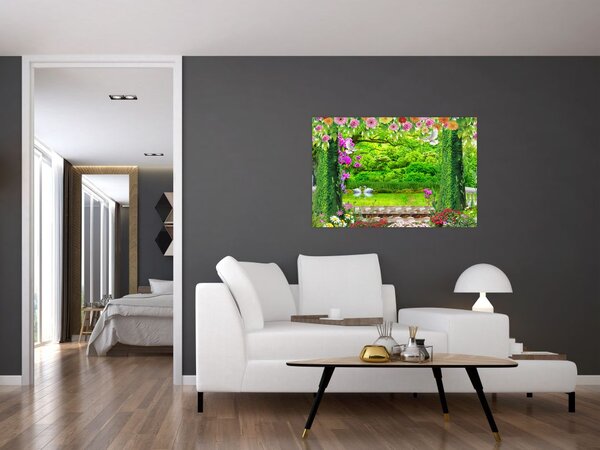 Obraz - Čarovná záhrada s labuťami (90x60 cm)