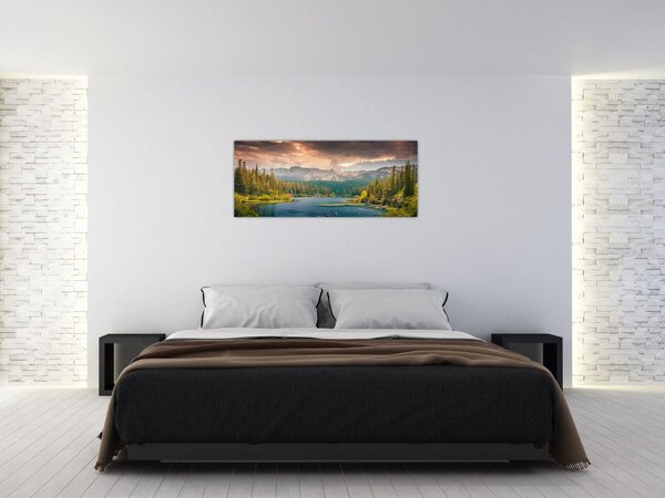 Obraz horskej rieky a hôr (120x50 cm)