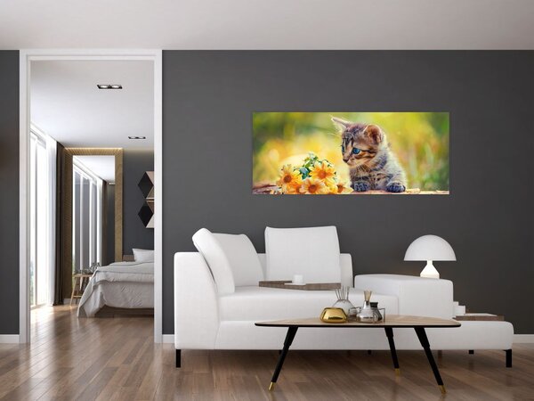 Obraz mačiatka pozerajúce sa na kvetinu (120x50 cm)