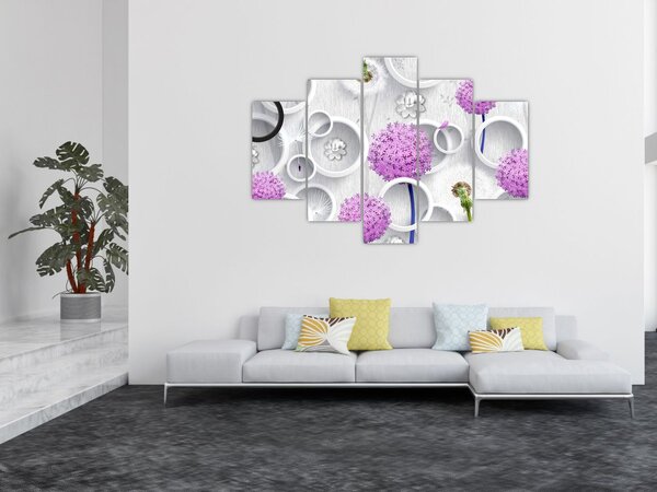 Obraz 3D abstrakcie s kruhmi a kvetinami (150x105 cm)