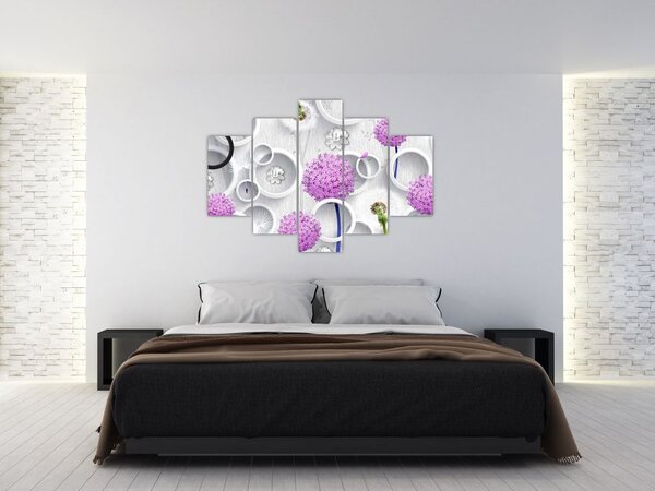 Obraz 3D abstrakcie s kruhmi a kvetinami (150x105 cm)