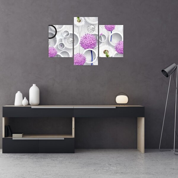 Obraz 3D abstrakcie s kruhmi a kvetinami (90x60 cm)