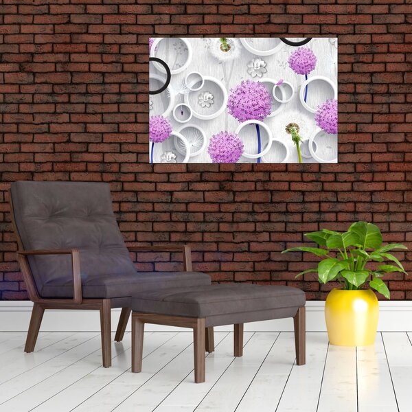 Obraz 3D abstrakcie s kruhmi a kvetinami (90x60 cm)