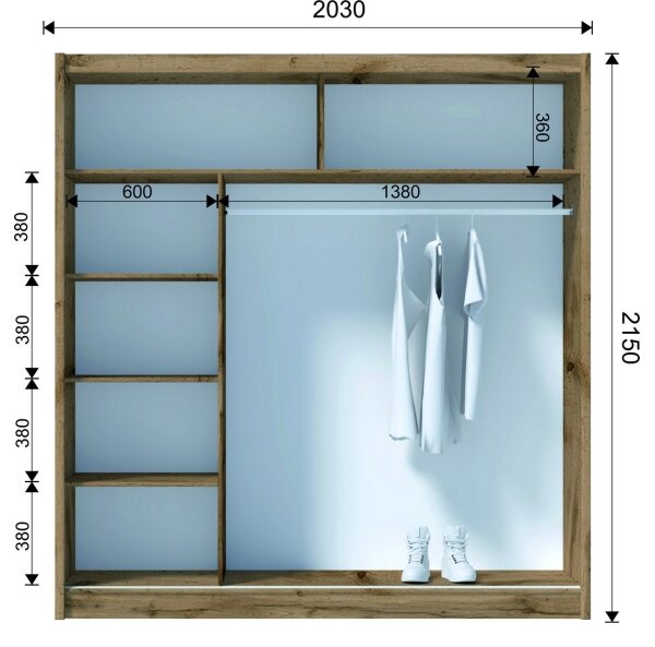 Šatní skriňa so zrkadlom SABRINA 203x215 cm dub woltan
