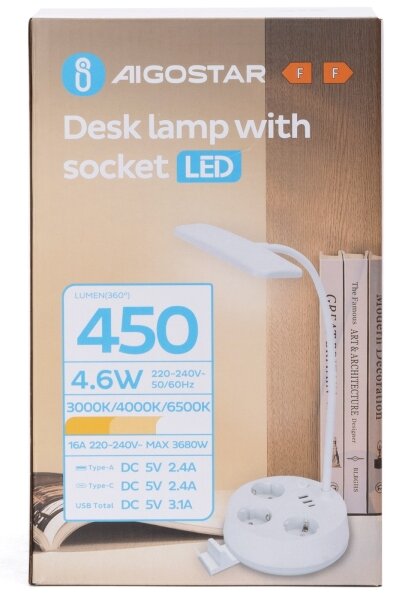 Aigostar - LED Stmievateľná stolná lampa so zásuvkami a USB LED/4,6W/230V biela