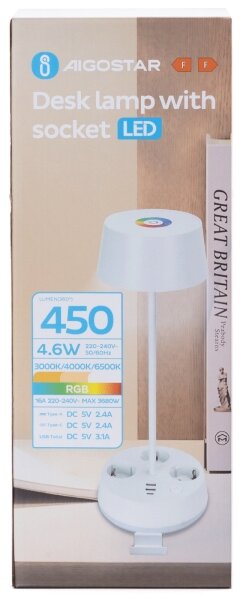 Aigostar-LED RGBW Stmievateľná stolová lampa s zásuvkami a USB LED/4,6W/230V biela