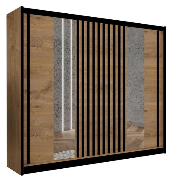 Šatníková skriňa so zrkadlom SANTINO 250x215 cm dub craft/čierna