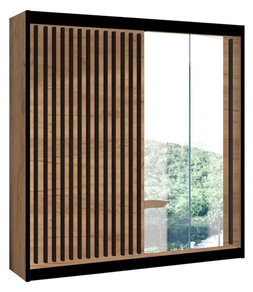 Šatníková skriňa so zrkadlom SANTINO 203x215 cm dub craft/čierna