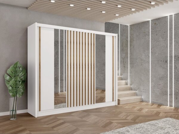 Šatníková skriňa so zrkadlom SANTINO 250x215 cm biela/dub craft