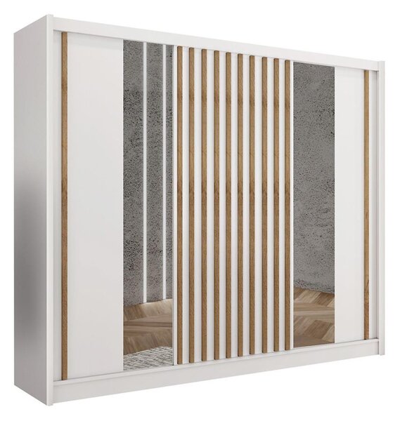 Šatníková skriňa so zrkadlom SANTINO 250x215 cm biela/dub craft