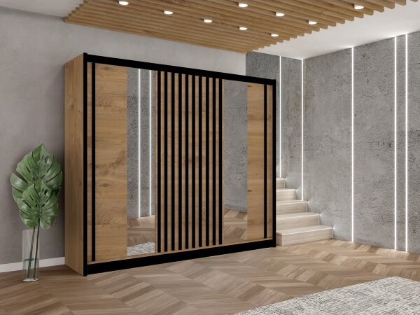 Šatníková skriňa so zrkadlom SANTINO 250x215 cm dub craft/čierna