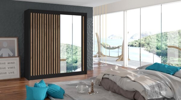 Šatníková skriňa so zrkadlom SANTINO 203x215x61 cm čierna/dub craft