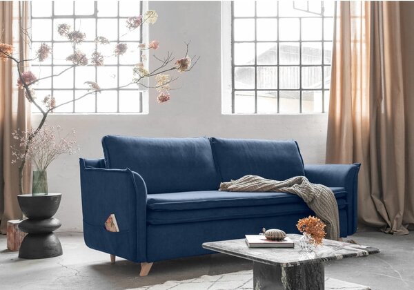 Tmavomodrá zamatová rozkladacia pohovka 225 cm Charming Charlie – Miuform
