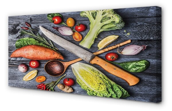 Obraz canvas Nôž vlákna priadze špenát paradajky 100x50 cm