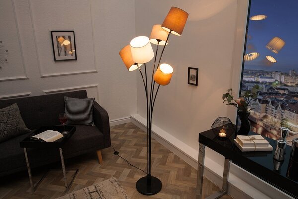 Estila Štýlová moderná kovová stojaca lampa Levels s piatimi okrúhlymi hnedými a bielymi ľanovými tienidlami 176 cm