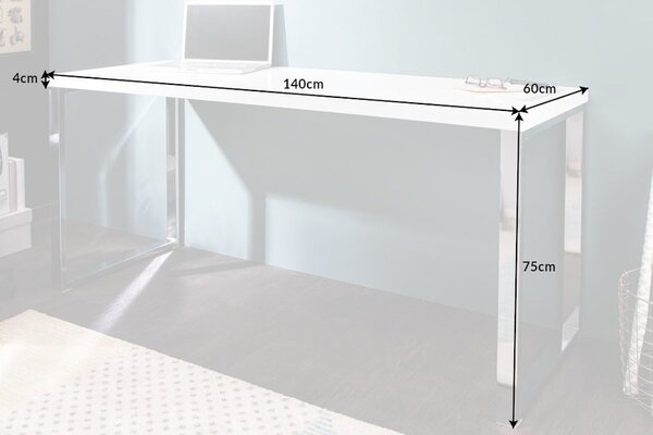 Estila Moderný obdĺžnikový biely písací stôl White Desk s lesklou doskou a hranatými striebornými kovovými chrómovými nohami 140 cm