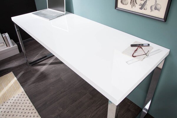 Estila Moderný obdĺžnikový biely písací stôl White Desk s lesklou doskou a hranatými striebornými kovovými chrómovými nohami 140 cm