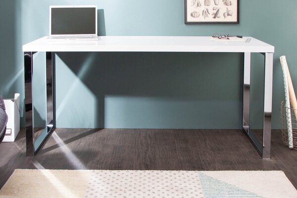 Estila Moderný obdĺžnikový biely písací stôl White Desk s lesklou doskou a hranatými striebornými kovovými chrómovými nohami 140 cm