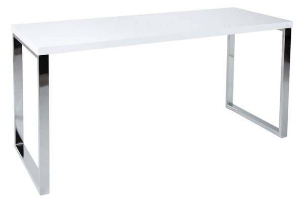 Estila Moderný obdĺžnikový biely písací stôl White Desk s lesklou doskou a hranatými striebornými kovovými chrómovými nohami 140 cm