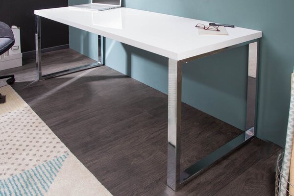 Estila Moderný obdĺžnikový biely písací stôl White Desk s lesklou doskou a hranatými striebornými kovovými chrómovými nohami 140 cm
