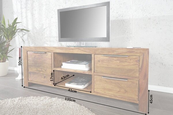 Estila Moderný obdĺžnikový hnedý masívny TV stolík Massive zo sheeshamového dreva s kovovými úchytkami s úložným priestorom 135 cm