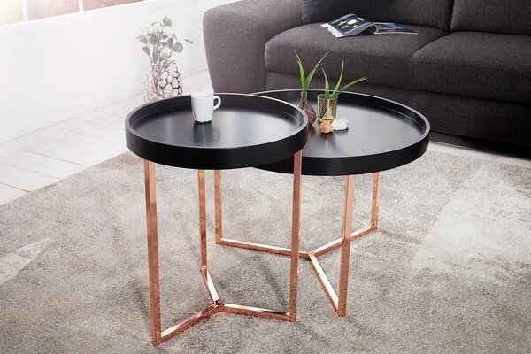 Estila Art deco okrúhly kovový príručný stolík Modul s čiernou drevenou doskou a medenou podstavou s lesklým povrchom 40 cm