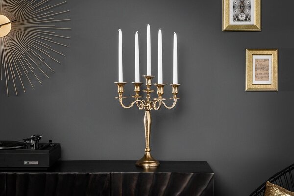 Estila Zámocký kovový zlatý svietnik Gold Barock s piatimi držiakmi na sviečky 40 cm