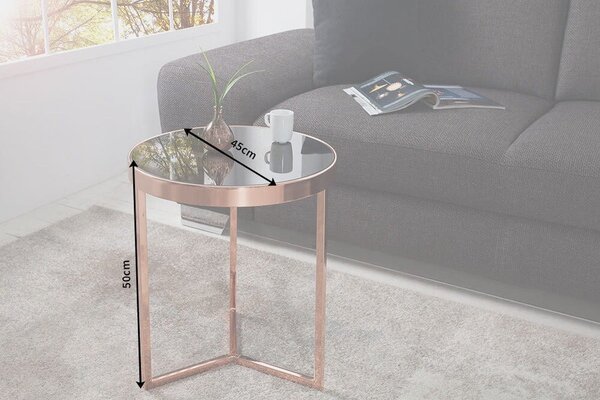 Estila Art deco okrúhly medený kovový príručný stolík Lava s čiernou lesklou sklenenou doskou a trojramennou podstavou 50 cm
