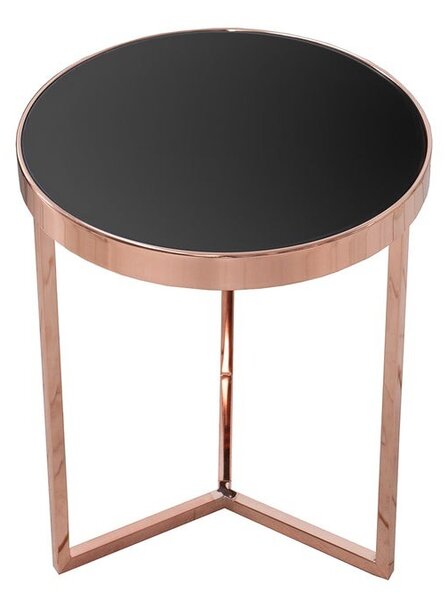 Estila Art deco okrúhly medený kovový príručný stolík Lava s čiernou lesklou sklenenou doskou a trojramennou podstavou 50 cm