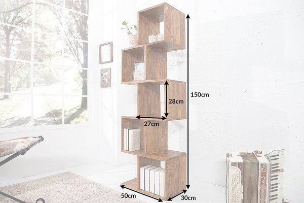Estila Koloniálny hnedý regál Makassar zo sheeshamového masívu s piatimi kockami v striedavom usporiadaní a lakovaným povrchom 150 cm