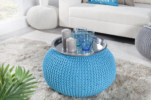 Estila Moderná okrúhla čalúnená modrá taburetka Stool s pletenou podstavou 45 cm