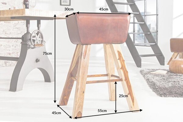Estila Dizajnová vidiecka moderná kožená obdĺžniková barová stolička Linda s hnedo červeným poťahom a masívnymi nožičkami 75 cm