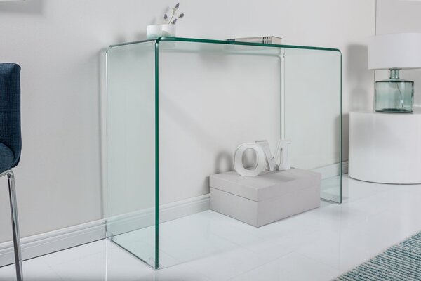 Estila Moderný sklenený obdĺžnikový priehľadný písací stôl Ghost so zaoblenými rohmi 100 cm