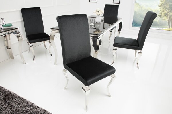 Estila Štýlová klasická zamatová moderná jedálenská stolička Modern Barock s chrómovými striebornými nožičkami a čiernym poťahom 106 cm