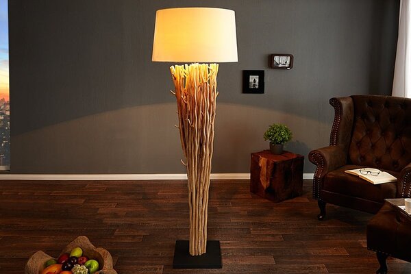 Estila Etno stojaca lampa Euphoria z naplavených konárov s okrúhlym krémovým ľanovým tienidlom a čiernou štvorcovou podstavou 175 cm