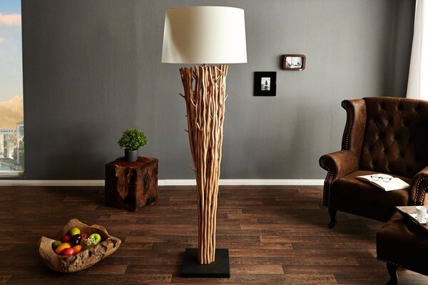 Estila Etno stojaca lampa Euphoria z naplavených konárov s okrúhlym krémovým ľanovým tienidlom a čiernou štvorcovou podstavou 175 cm