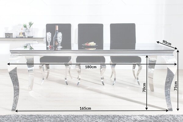 Estila Glamour obdĺžnikový strieborný jedálenský stôl Modern Barock s čiernou opálovou sklenenou doskou 180 cm