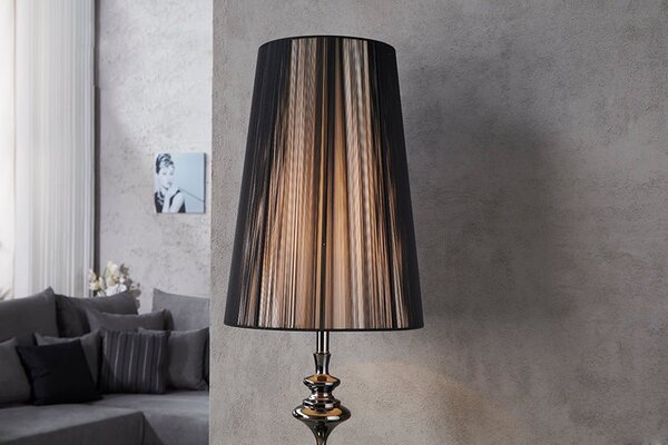 Estila Luxusná glamour jedinečná stojaca lampa Lucie Schwarz z kovu s lesklým čiernym povrchom a okrúhlym nylonovým tienidlom 160 cm