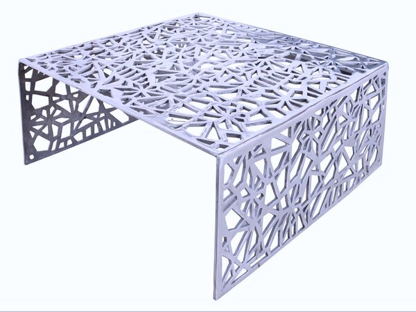 Estila Dizajnový art deco strieborný štvorcový kovový konferenčný stolík Ideal s geometrickými vyrezávanými vzormi 60 cm