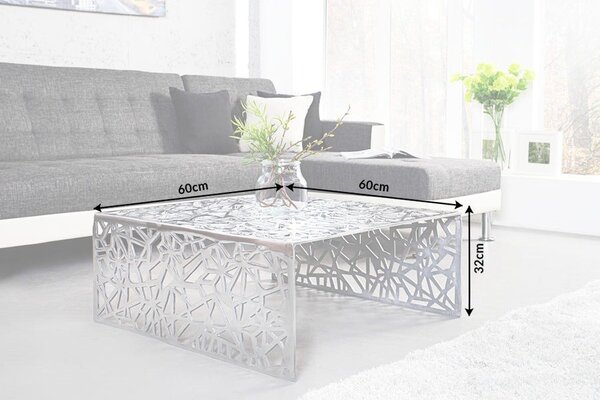 Estila Dizajnový art deco strieborný štvorcový kovový konferenčný stolík Ideal s geometrickými vyrezávanými vzormi 60 cm