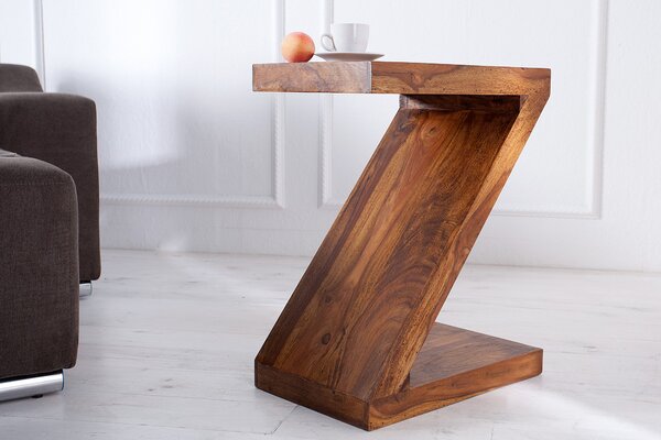 Estila Dizajnový masívny etno atypický príručný stolík Zet v tvare písmena Z v hnedej farbe 45 cm