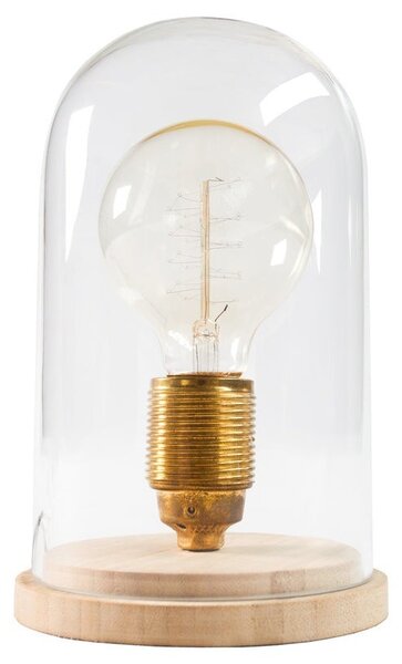 Estila Dizajnová retro stolná lampa Edison s hnedou drevenou podstavou a priehľadným skleneným tienidlom 22 cm
