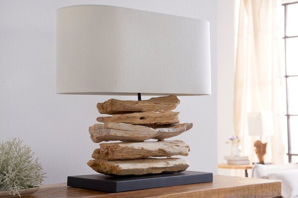 Estila Štýlová etno stolná lampa Duna s masívnou hnedou drevenou základňou a béžovým oválnym ľanovým tienidlom 55 cm