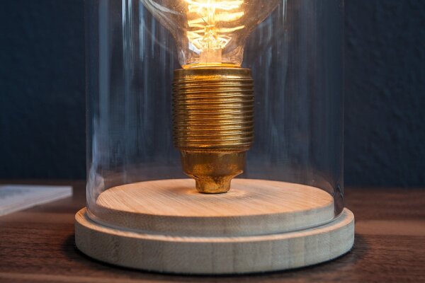 Estila Dizajnová retro stolná lampa Edison s hnedou drevenou podstavou a priehľadným skleneným tienidlom 22 cm